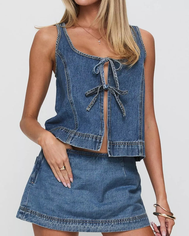 Tie-Front Tank and Skirt Denim Set